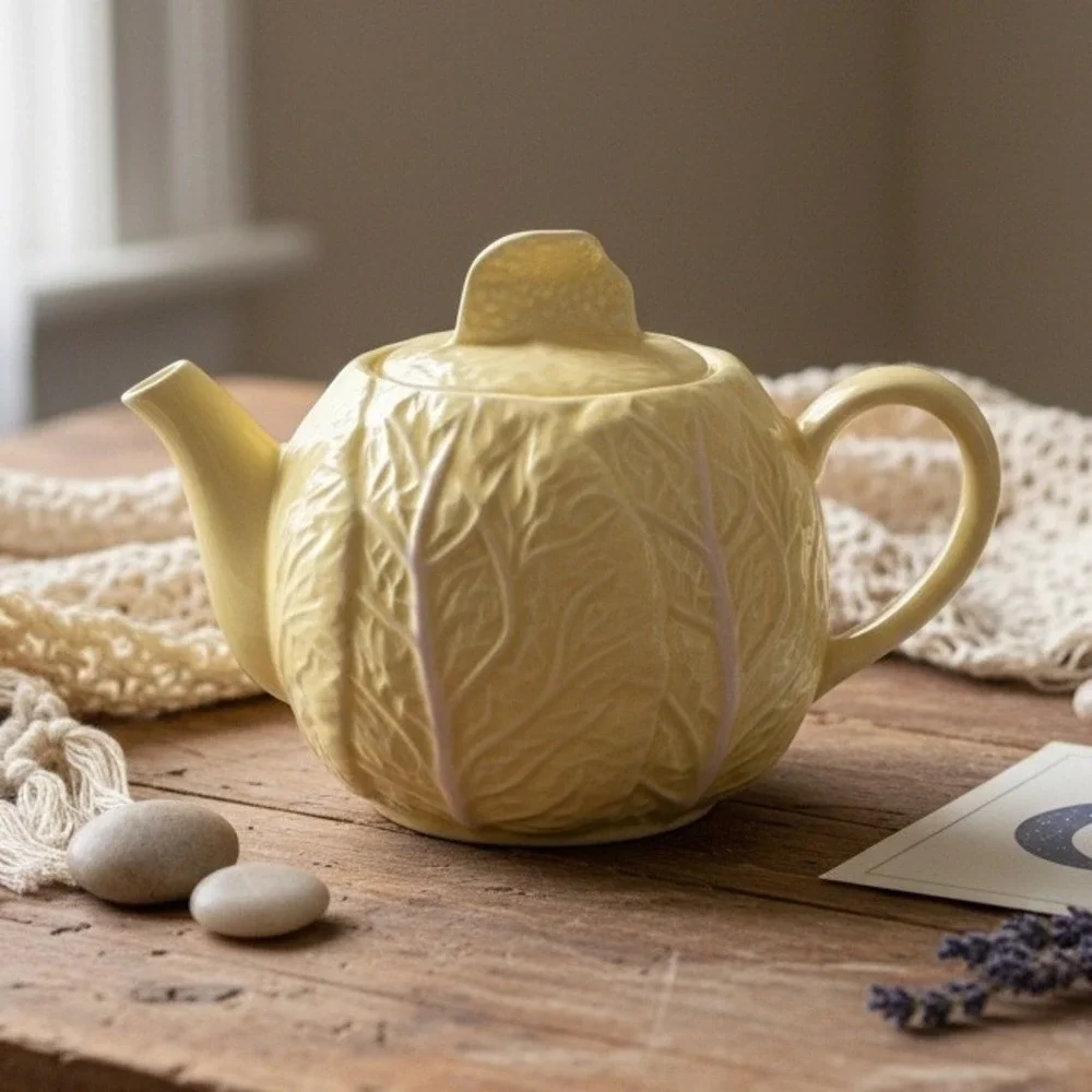 Secla Yellow Cabbage Ware Lidded Teapot, Vintage Portugal Majolica Ceramic